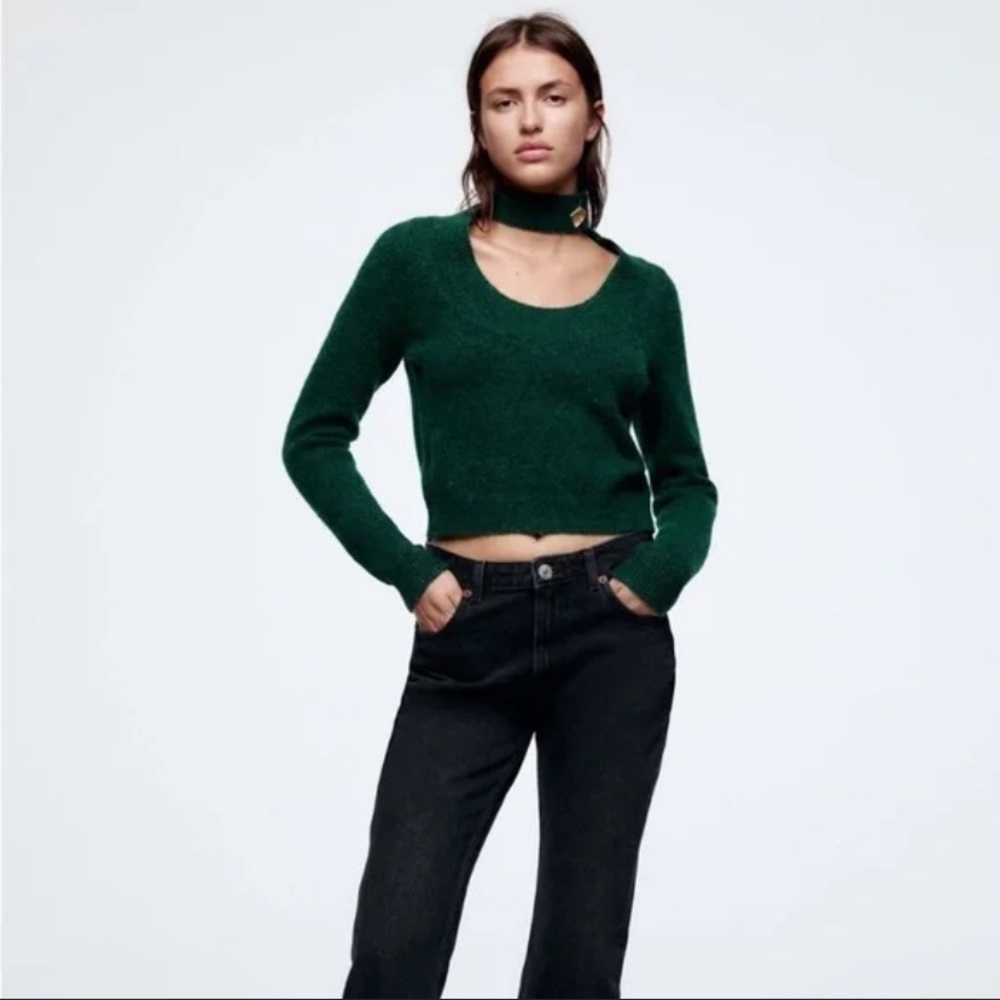 Zara Green Knit Choker Sweater Top knit classic fall casual cozy winter nwot $78